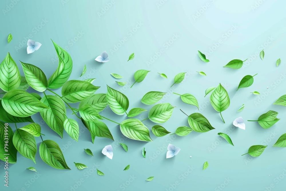 Poster a beautiful scene of green leaves floating in the air. perfect for nature and environmental concepts