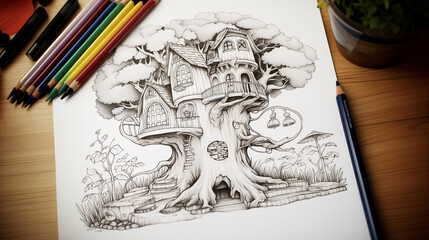 fairy tale castle on the hill coloring book drawing sketch illustration painting