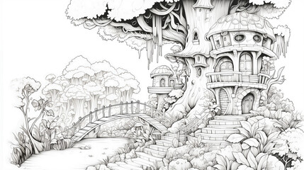 fairy tale castle old house sketch drawing coloring book drawing sketch illustration painting