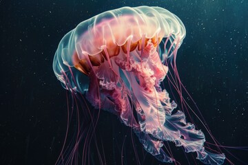 A jellyfish floating in dark water, suitable for underwater themes
