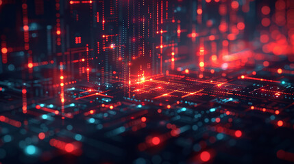 Obraz premium Digital, transmission and tech in data, network or firewall for protection, communication or blockchain. Hologram, engineering and futuristic in cybersecurity and computing, abstract and connection