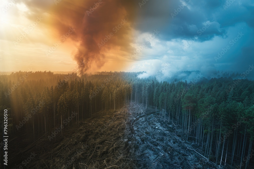 Poster a picture of a forest with a fire in the distance. suitable for environmental or disaster-related pr