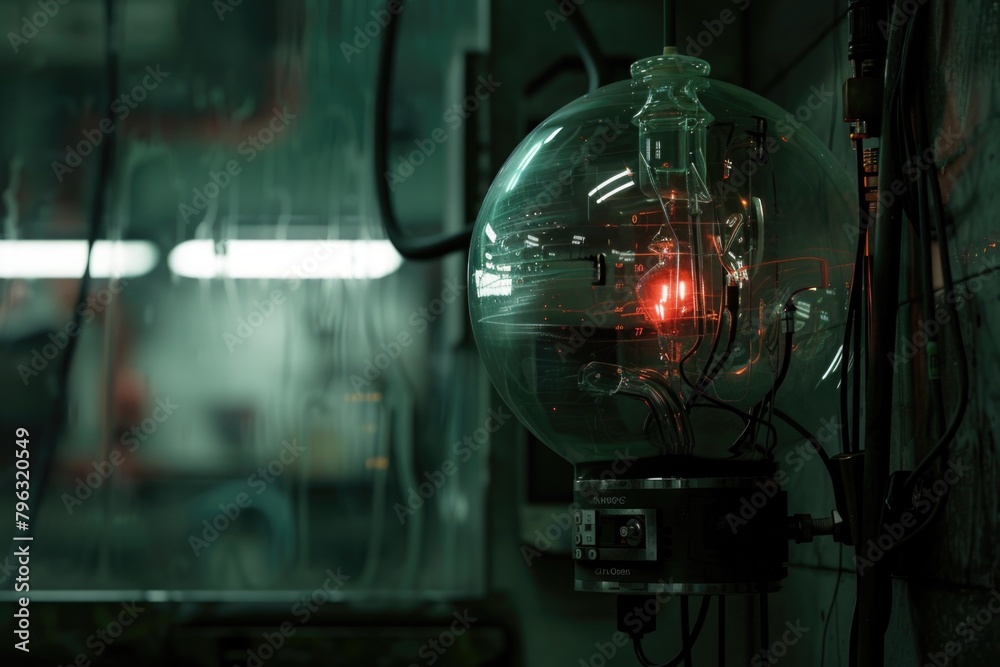 Poster A light bulb with a red light inside. Ideal for concepts related to creativity and innovation