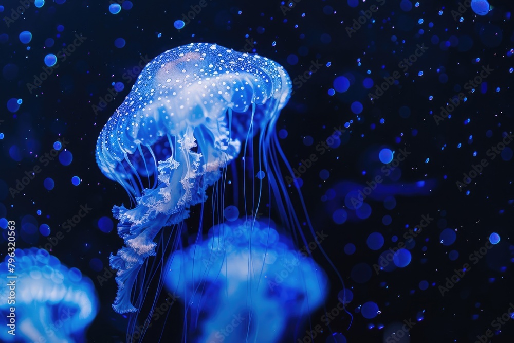 Poster a group of jellyfish floating in the water. perfect for aquatic themes