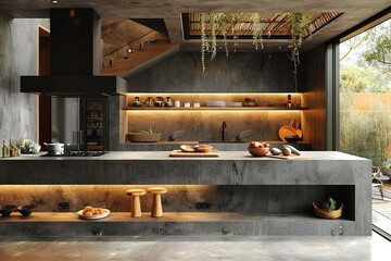 A minimalist kitchen with concrete floors and floating shelves.