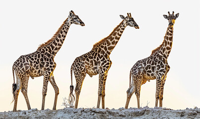 isolated giraffes stand on a white background