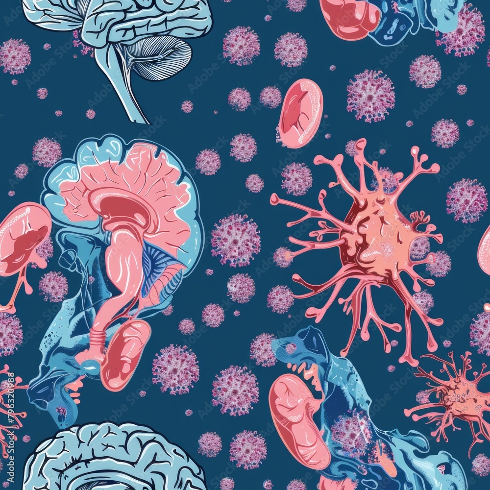Poster Collection of different virus types on a blue backdrop. Suitable for medical and scientific concepts