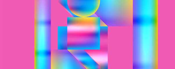 Fototapeta premium A vibrant abstract background featuring geometric shapes in hues of magenta, azure, purple, and electric blue on a pink backdrop, creating a symmetrical and artful pattern of rectangles