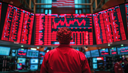 Red chart Stockbroker Looking at Stock Trading data on Display Board at Stock Exchange Market as Business financial investment concept. The Market trend is decrease or Down as show in red Figure. 