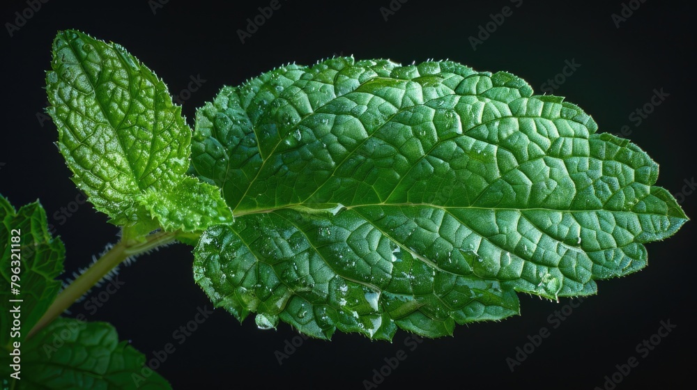 Poster detailed image of a leaf covered in water droplets. suitable for nature and environmental concepts
