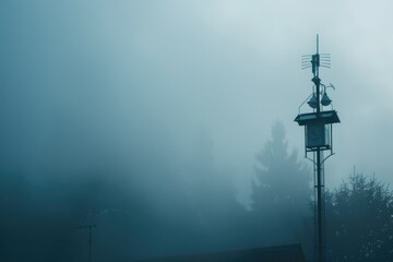 A weather vane on top of a pole in the fog. Ideal for weather-related designs - obrazy, fototapety, plakaty