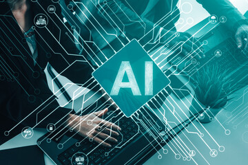 AI Learning and Artificial Intelligence Concept - Icon Graphic Interface showing computer, machine...