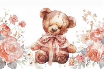 Adorable t bear with a bow sitting among colorful flowers, perfect for children's designs