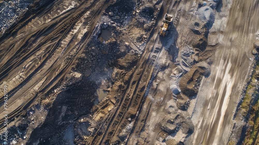 Poster aerial view of a train track and a dump truck, suitable for transportation concepts