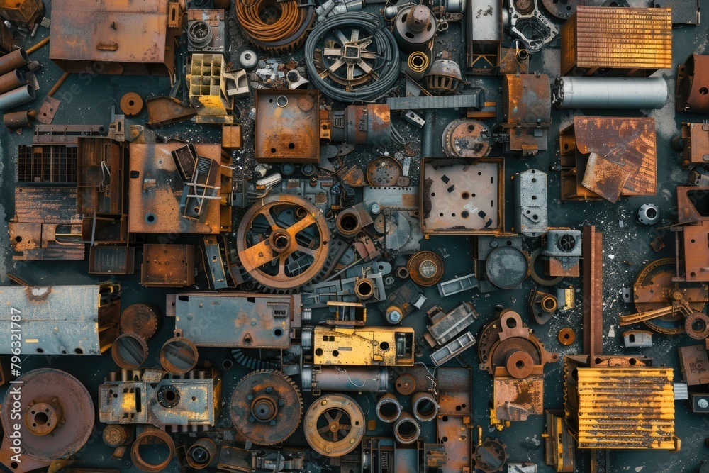 Poster a collection of rusty metal parts stacked together. suitable for industrial concepts