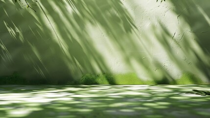 3D render of an empty room with green wall floor, light casting a shadow on the ground, product background