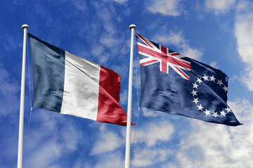 3d illustration. France and Cook Islands Flag waving in sky. High detailed waving flag. 3D render....