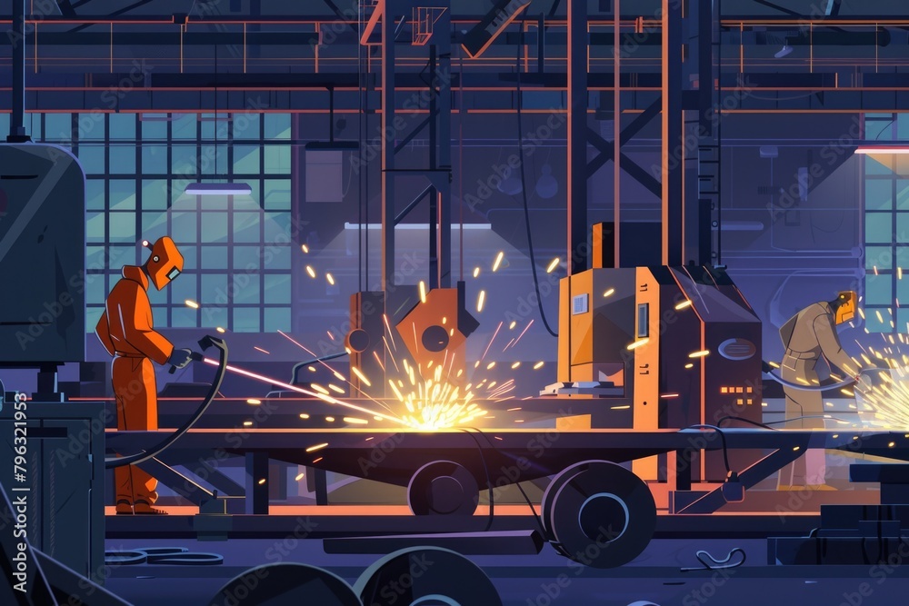 Poster a group of people working in a factory. suitable for industrial and manufacturing concepts