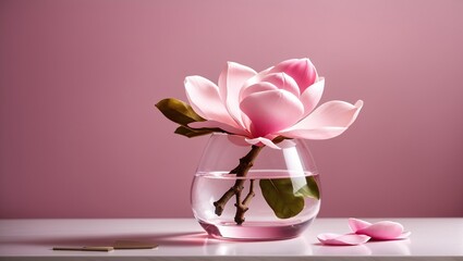 A pink magnolia flower in a glass vase is sitting on a table. The background is pink, and there are some pink petals scattered on the table.

