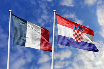 3d illustration. France and Croatia Flag waving in sky. High detailed waving flag. 3D render. Waving in sky. Flags fluttered in the cloudy sky.
