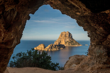 Es Vedra and Es Vendrell islands seen from Es vedra cave, Sant Josep de Sa Talaia, Ibiza, Balearic Islands, Spain