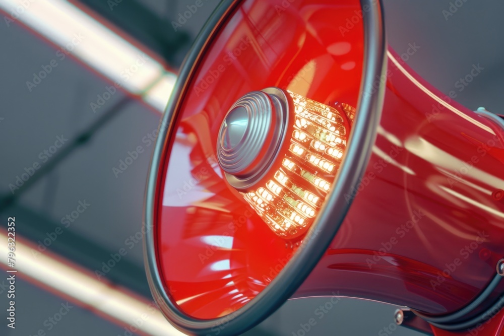 Poster A close up of a red speaker with a red light. Suitable for technology and music concepts