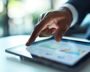 Fototapeta premium High-angle shot of a hand pointing at a specific detail on a digital tablet screen during a business presentation, illustrating guidance and focus