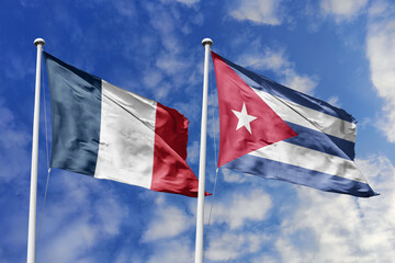3d illustration. France and Cuba Flag waving in sky. High detailed waving flag. 3D render. Waving...