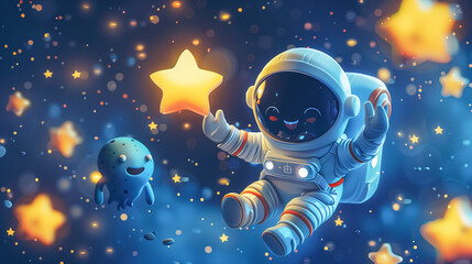 cartoon astronaut floating in space with a cute alien, both smiling, on a backdrop of twinkling stars, cover for sketchbook