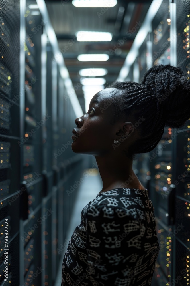 Poster A woman standing in front of a row of servers, ideal for technology-related projects