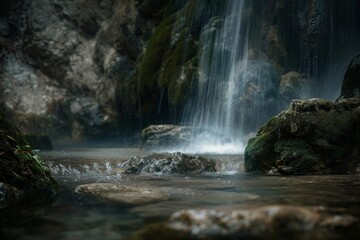 waterfall in the middle of the forest with green moss on the rocks