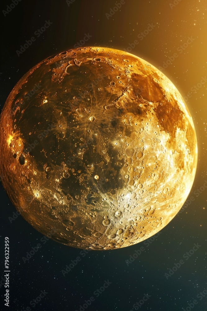 Poster detailed view of a planet with sun shining in background. suitable for educational materials