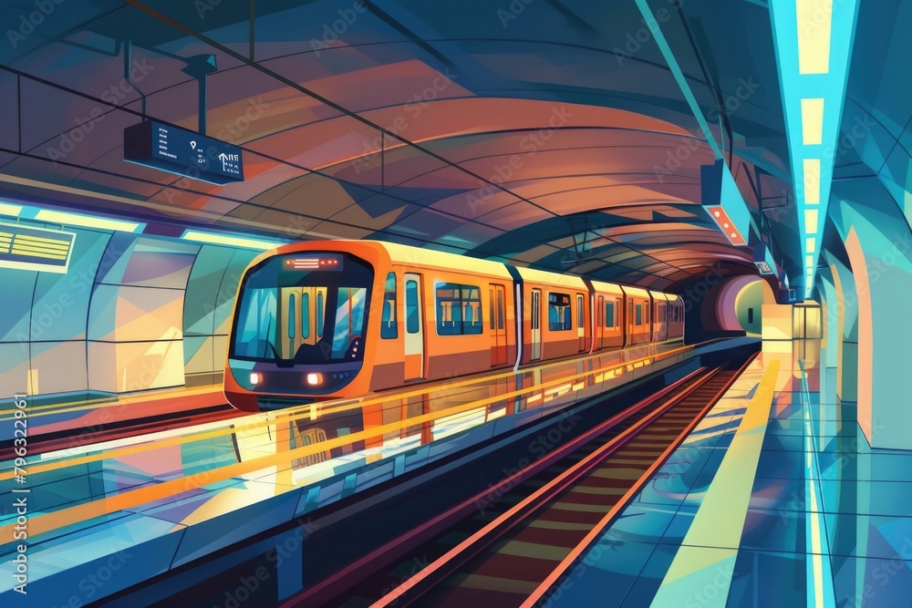 Poster a train traveling through a train station next to a platform. suitable for transportation concepts