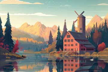 A picturesque painting of a house on a serene lake with majestic mountains in the background. Ideal for nature and landscape themed designs