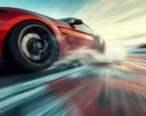 Dynamic image of a sports car in highspeed drift on a racetrack, blurred background emphasizing motion and speed, smoke trailing from tires