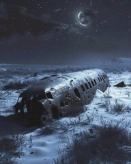 A crashed airplane in the middle of a snowy field at night. The moon is in the background