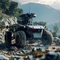 Fototapeta premium A military vehicle is driving through a rocky, mountainous terrain. The vehicle is green and black and has a large gun on top. It is surrounded by trees and mountains