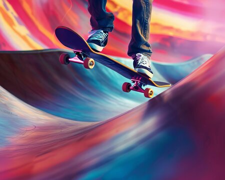 Extreme sports concept featuring a skateboarder in mid-drift on a skate park ramp, fast motion blur and vivid colors emphasizing the action