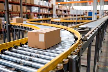 A conveyor belt in a warehouse with boxes on it.