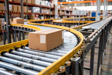 Naklejka premium A conveyor belt in a warehouse with boxes on it.