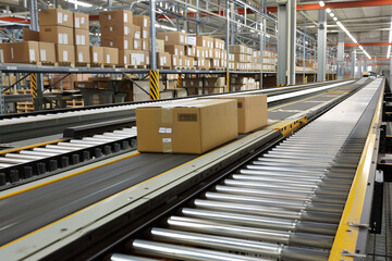 Naklejka premium A conveyor belt in a warehouse with boxes on it