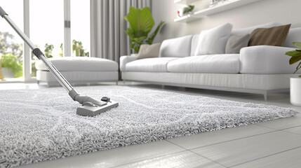 A white vacuum cleaner is being used to clean a white carpet in a living room