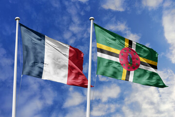 3d illustration. France and Dominica Flag waving in sky. High detailed waving flag. 3D render....