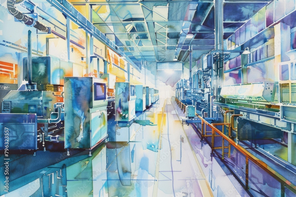 Poster a painting of a factory filled with machines. suitable for industrial concepts