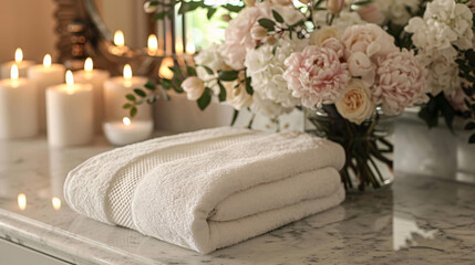 A white towel is laying on a marble countertop next to candles