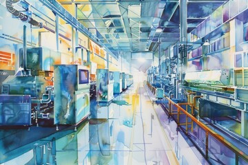 A painting of a factory filled with machines. Suitable for industrial concepts - obrazy, fototapety, plakaty