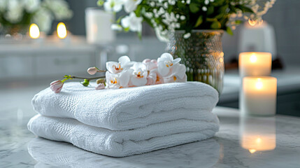 Two white towels are stacked on top of each other on a marble counter