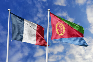 3d illustration. France and Eritrea Flag waving in sky. High detailed waving flag. 3D render....