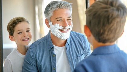 Close up over the shoulder of a smiling man shaving in the mirror with his young son watching him
