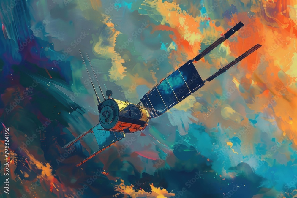 Poster a painting of a space station in the sky. suitable for science fiction or futuristic concepts